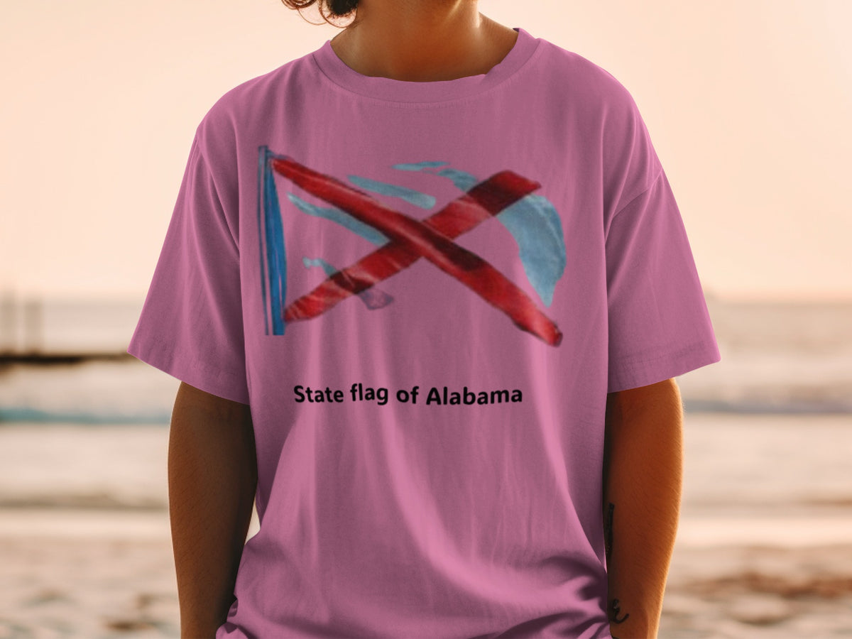 Pink t-shirt with abstract depiction of Alabama state flag and text "State flag of Alabama".
