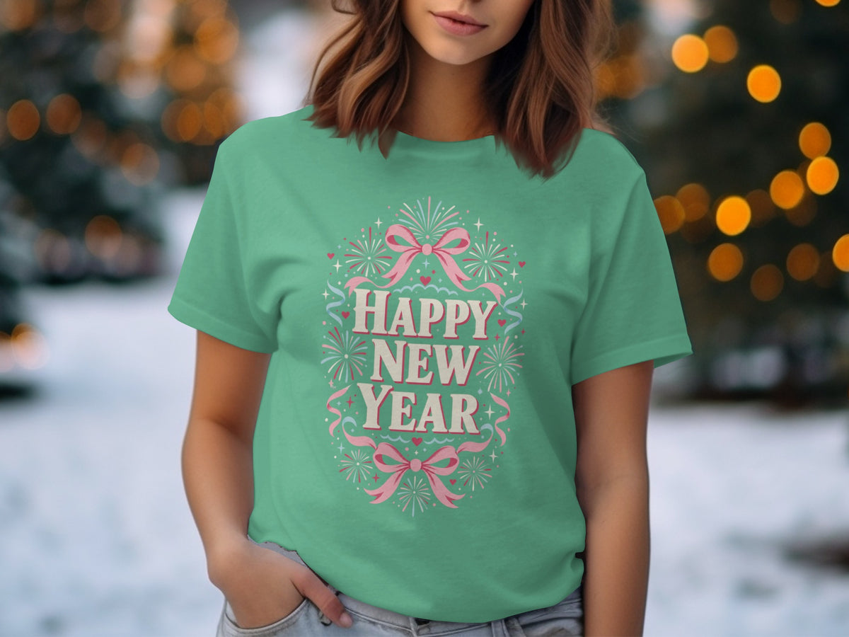Teal t-shirt with "Happy New Year" text and festive graphics.