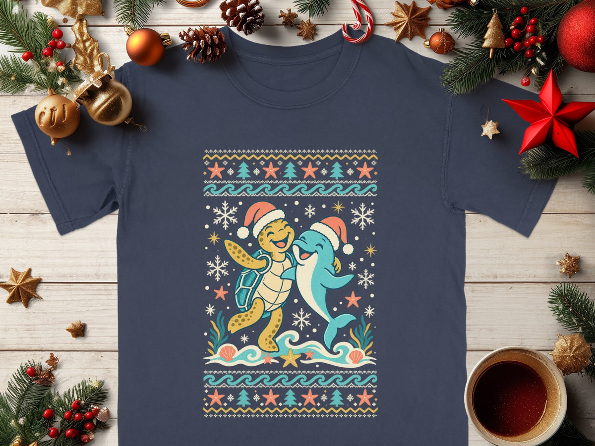 Turtle and dolphin wearing Santa hats with snowflakes and ocean elements.