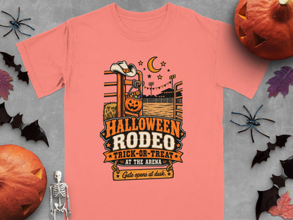 Halloween Rodeo design with cowboy hat, pumpkin candy bucket, and arena scene.
