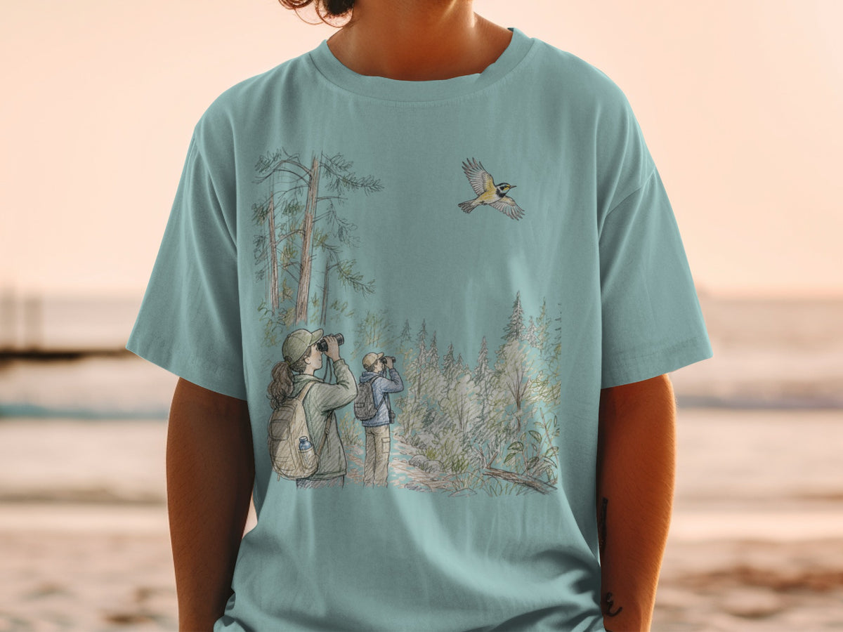 Illustration of two people birdwatching in a forest with a bird flying overhead.