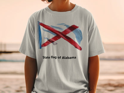 T-shirt with the Alabama state flag design and text "State flag of Alabama".