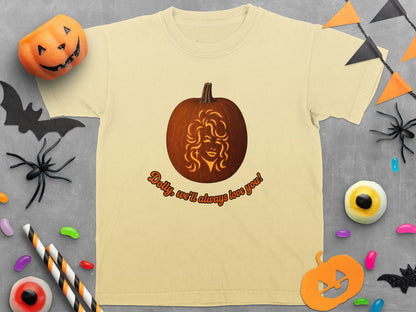 Light yellow t-shirt with a carved pumpkin featuring a woman's face and text.