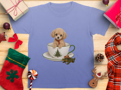 T-shirt with light purple color featuring a teacup graphic with a dog, Christmas tree, and alligator.