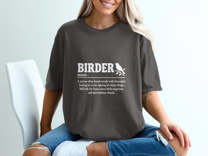 Dark grey t-shirt with "Birder" definition and bird graphic.
