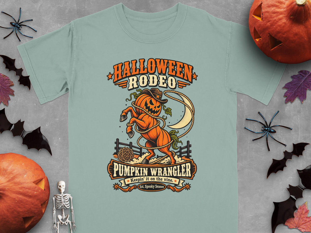 Light blue t-shirt with "Halloween Rodeo Pumpkin Wrangler" text and pumpkin horse graphic.