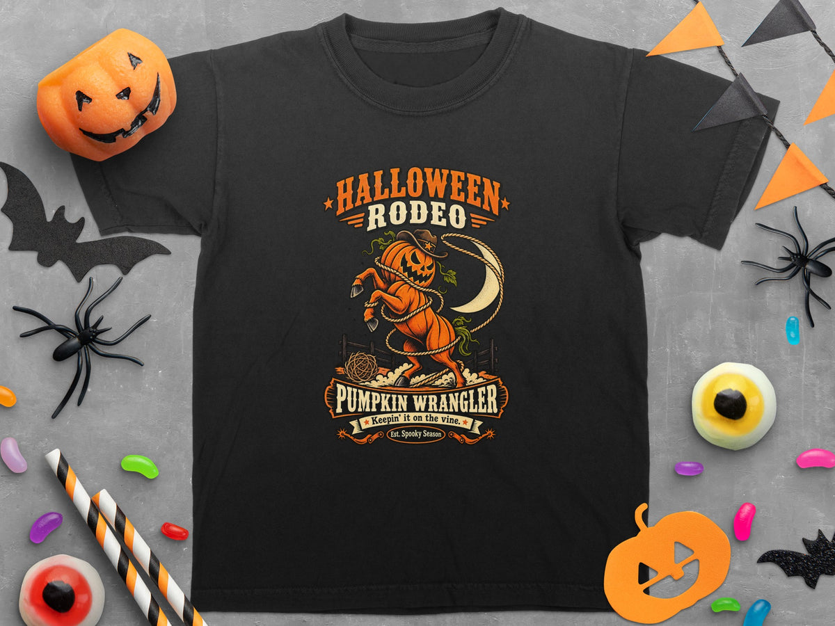 Black t-shirt with Halloween Rodeo Pumpkin Wrangler graphic and crescent moon.