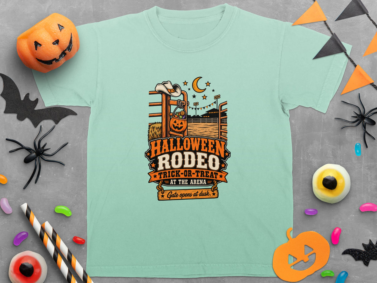 Halloween Rodeo Trick-or-Treat at the Arena graphic with moon and cowboy hat.