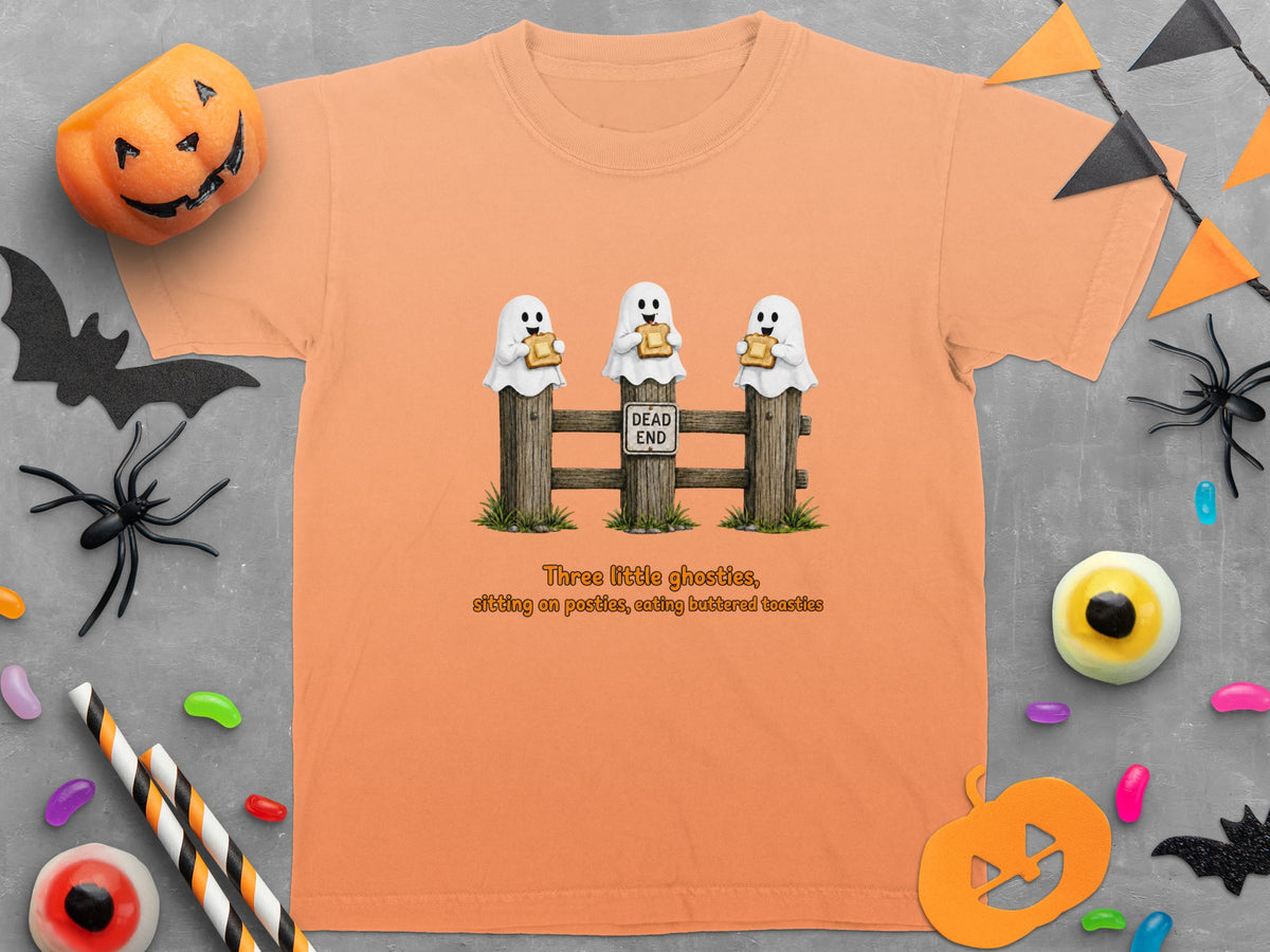 T-shirt with three ghosts on a fence eating toast, with "Dead End" sign.