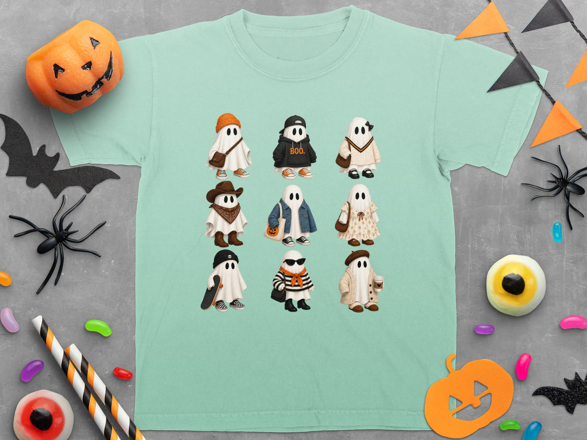 Mint t-shirt featuring nine cartoon ghosts dressed in various Halloween costumes.