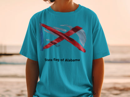 Teal t-shirt featuring the state flag of Alabama design.