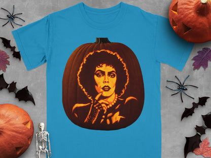 A blue t-shirt printed with a carved jack-o'-lantern depicting Frank-N-Furter from The Rocky Horror Picture Show.