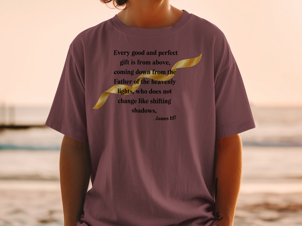 T-shirt with James 1:17 scripture and a golden ribbon graphic.