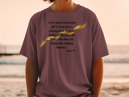 T-shirt with James 1:17 scripture and a golden ribbon graphic.