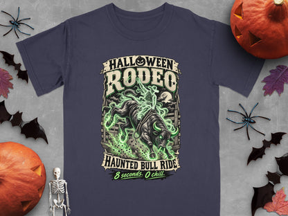 Navy t-shirt with "Halloween Rodeo Haunted Bull Ride" text and a bull rider.