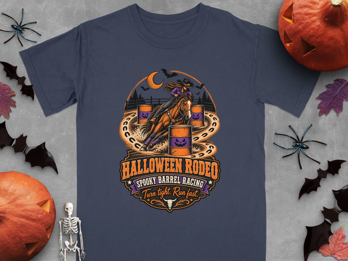Halloween Rodeo graphic with a cowgirl barrel racing, text says "Spooky Barrel Racing. Turn tight. Run fast."