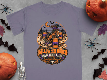 Cowgirl barrel racing in Halloween Rodeo graphic with pumpkins, bats, and moon.