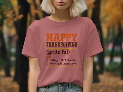 "Happy Thanksgiving" definition t-shirt in a pink tee.