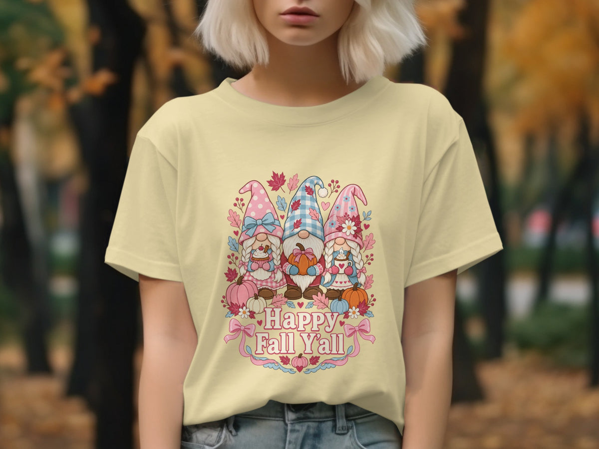 Light yellow t-shirt with three gnomes and "Happy Fall Y'all" text.
