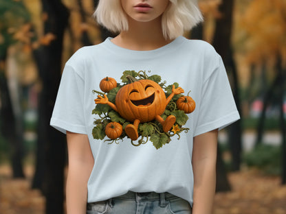 Light blue t-shirt with a happy cartoon pumpkin and smaller pumpkins.
