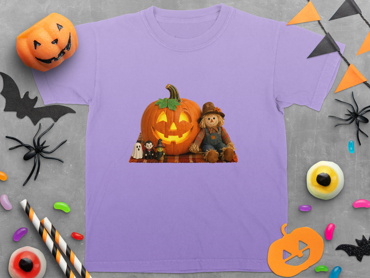 Purple t-shirt with Halloween graphic of scarecrow and jack-o'-lantern.