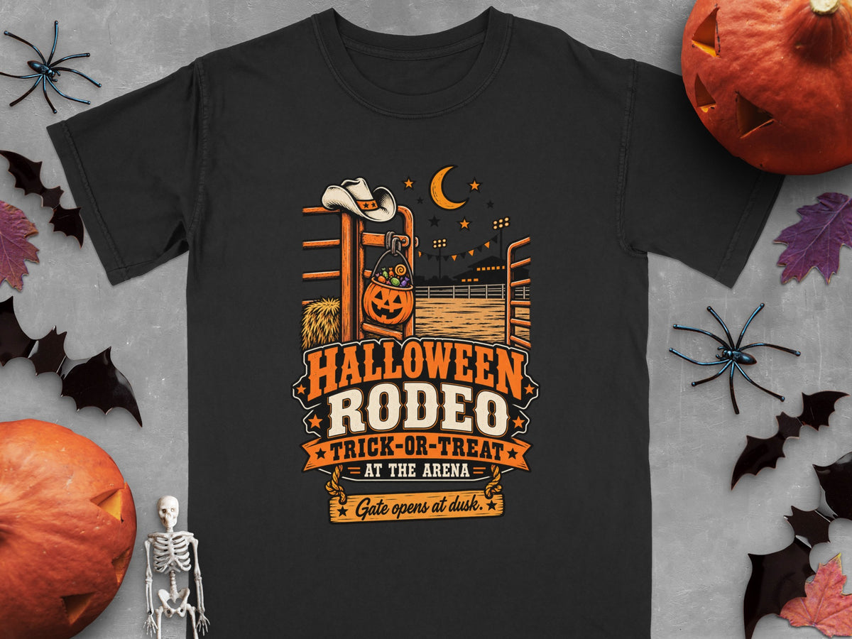 Black t-shirt with Halloween Rodeo Trick-or-Treat design, gate opens at dusk.
