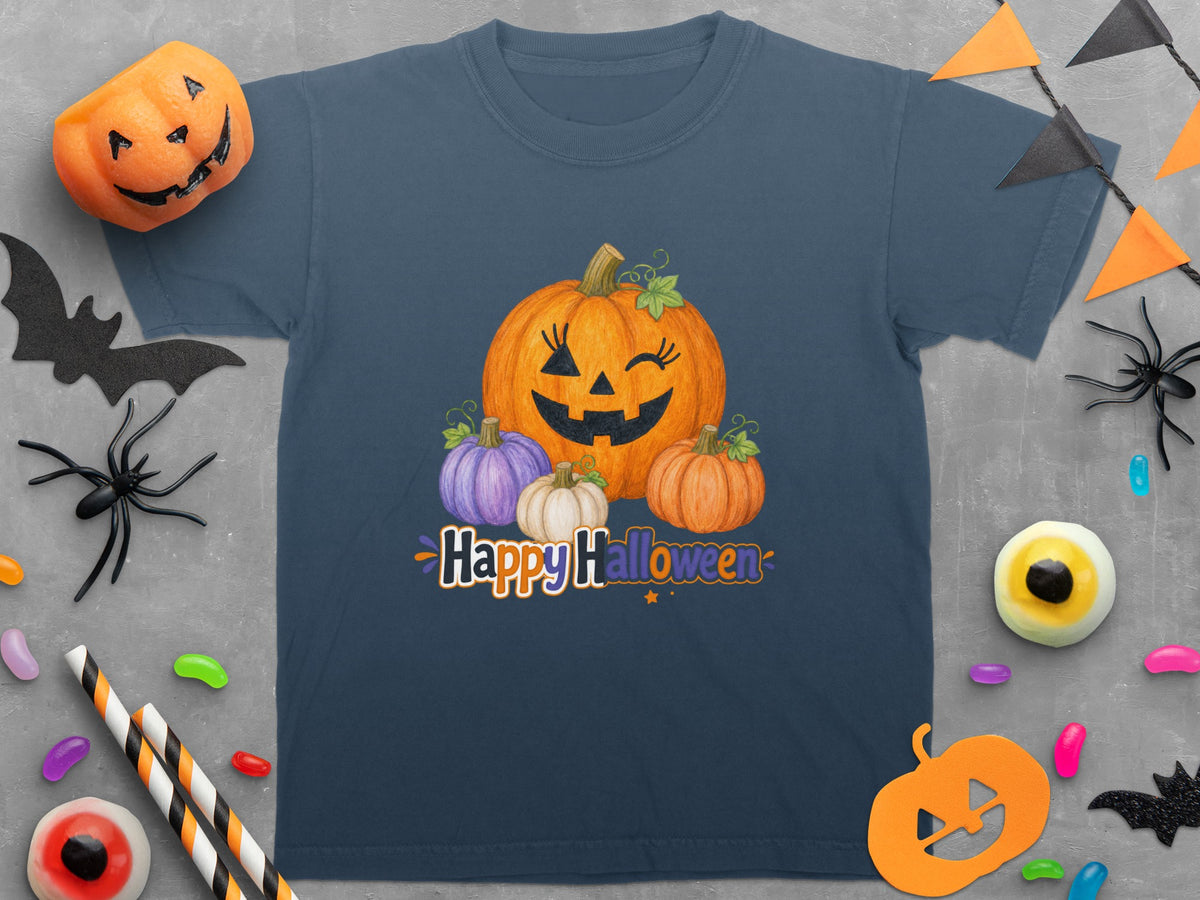 T-shirt with smiling pumpkins and "Happy Halloween" text, surrounded by decorations.