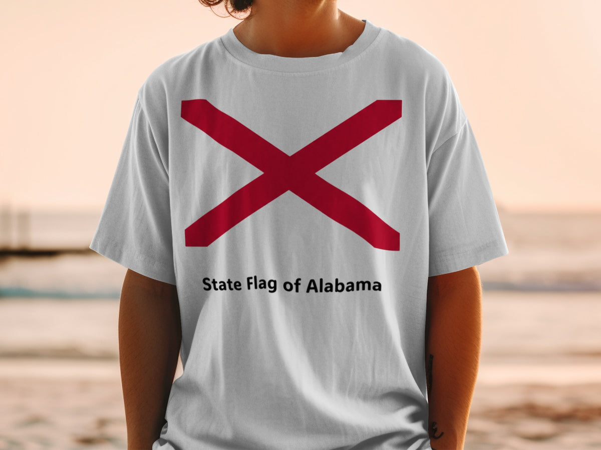 White t-shirt with red St. Andrew's cross and "State Flag of Alabama" text.