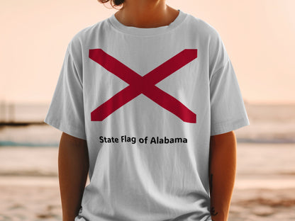 White t-shirt with red St. Andrew's cross and "State Flag of Alabama" text.