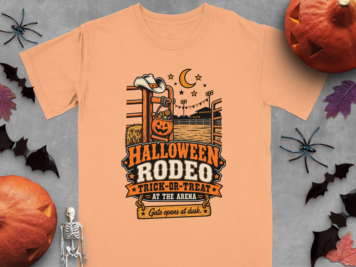 Orange t-shirt with Halloween Rodeo Trick-or-Treat graphic featuring a pumpkin basket.