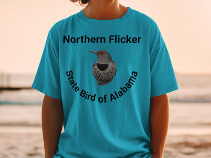 Teal t-shirt with "Northern Flicker State Bird of Alabama" text and bird graphic.