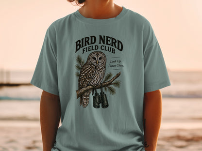 T-shirt with "Bird Nerd Field Club" text, an owl, and binoculars.