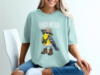 T-shirt with cartoon bird wearing hat, binoculars, and boots, "BIRD NERD" text.