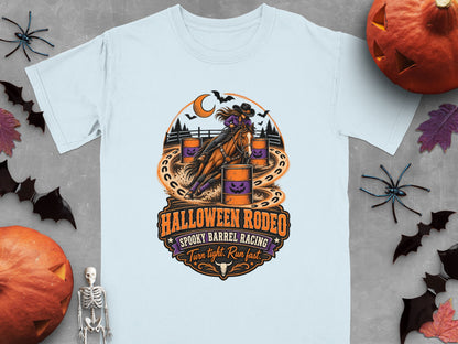 T-shirt with "Halloween Rodeo Spooky Barrel Racing Turn tight. Run fast." graphic.