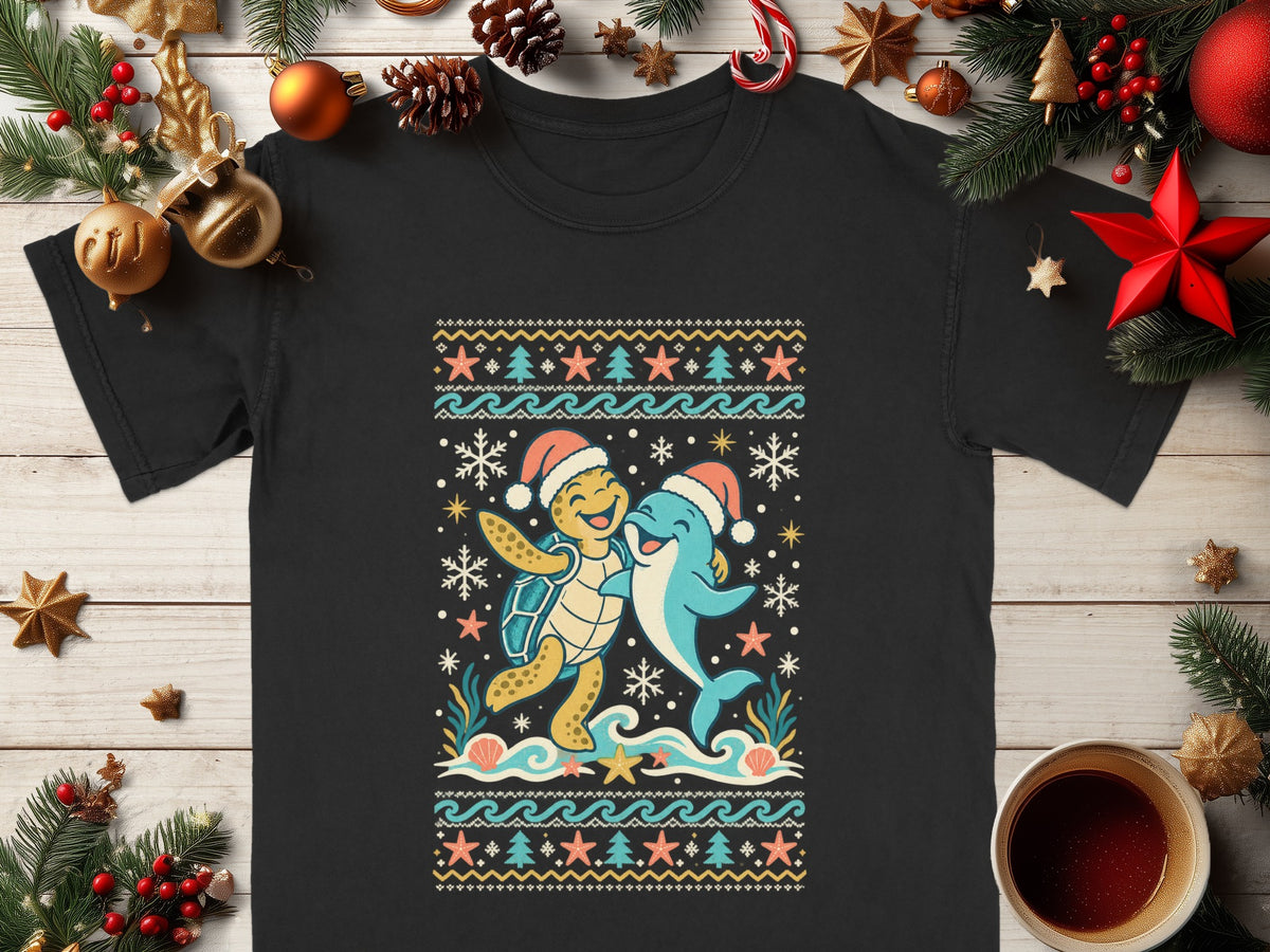 Turtle and dolphin in Santa hats with Christmas sweater pattern on black t-shirt.