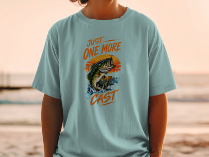 Light blue t-shirt with "JUST ONE MORE CAST" and a jumping bass graphic.