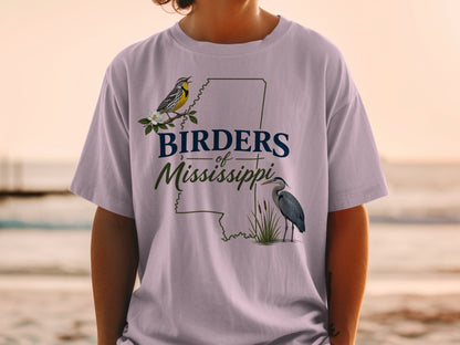 Birders of Mississippi t-shirt with warbler and heron artwork within state outline.