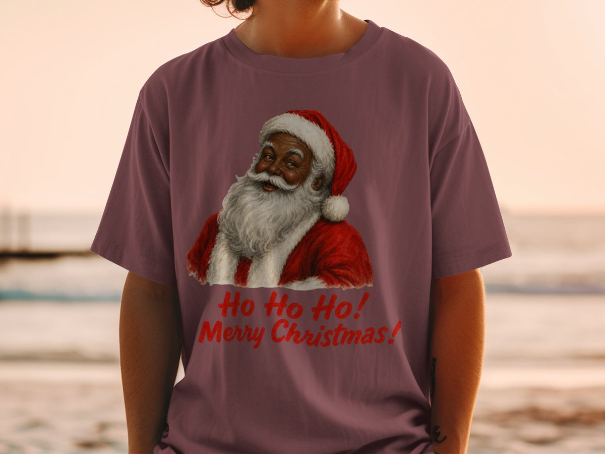 T-shirt with illustration of Santa Claus and text "Ho Ho Ho! Merry Christmas!"