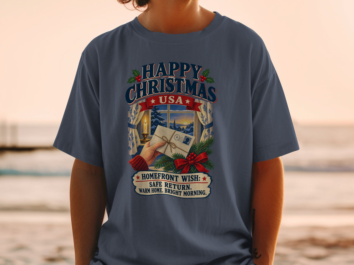 Happy Christmas USA shirt with winter window scene and military wish.