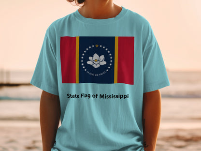 Light blue t-shirt with the State Flag of Mississippi and text.