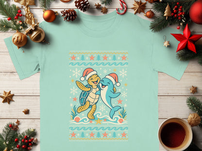 Sea turtle and dolphin in Santa hats with holiday-themed ocean pattern.