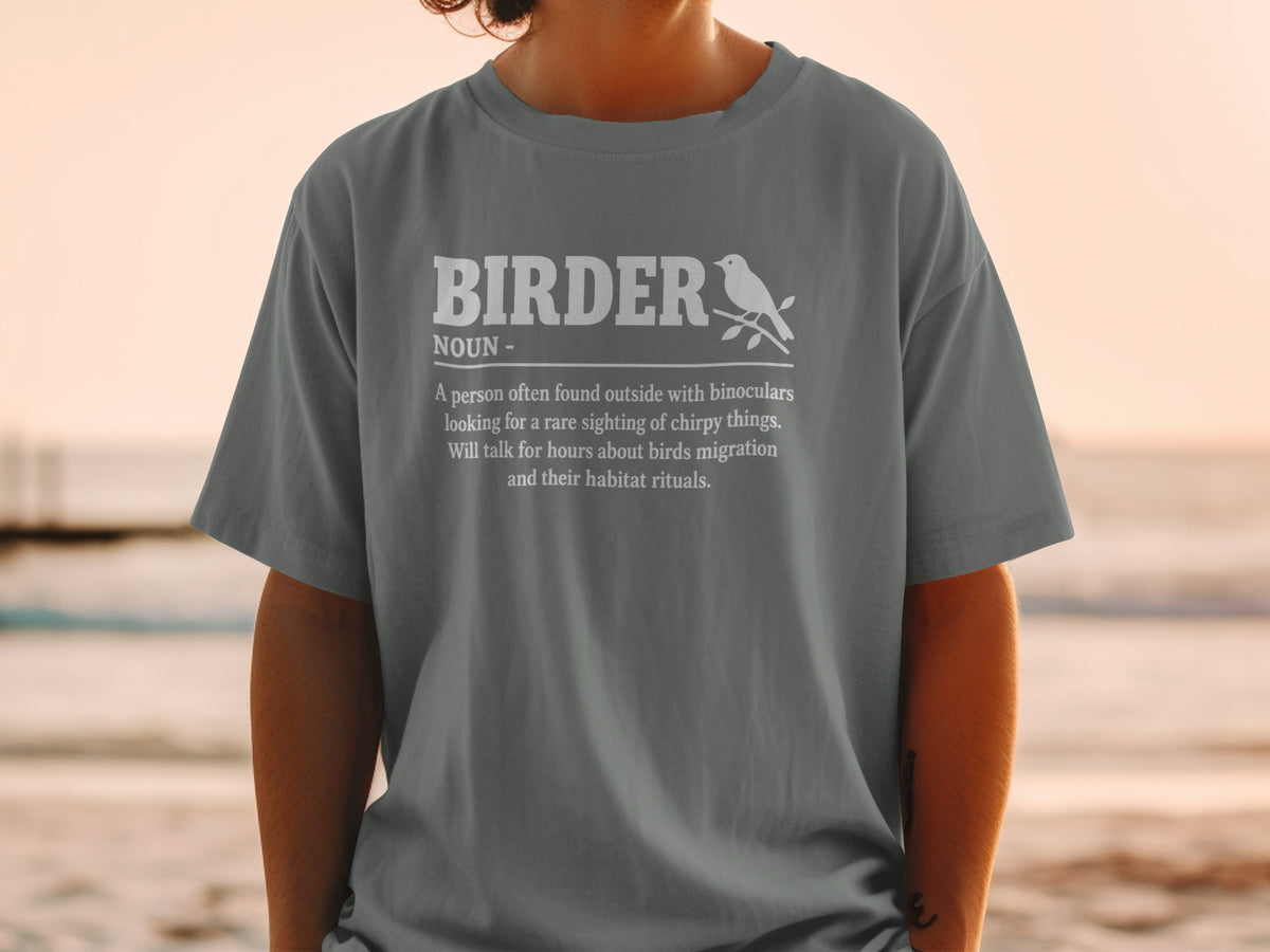 Grey t-shirt with "Birder" definition and bird silhouette graphic.