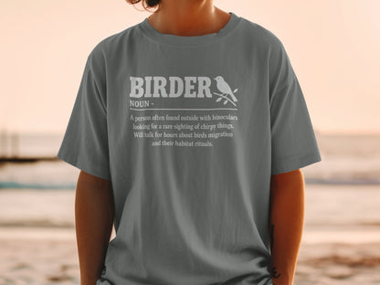Grey t-shirt with "Birder" definition and bird silhouette graphic.