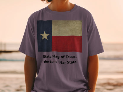T-shirt with Texas flag graphic and text "State Flag of Texas, the Lone Star State."