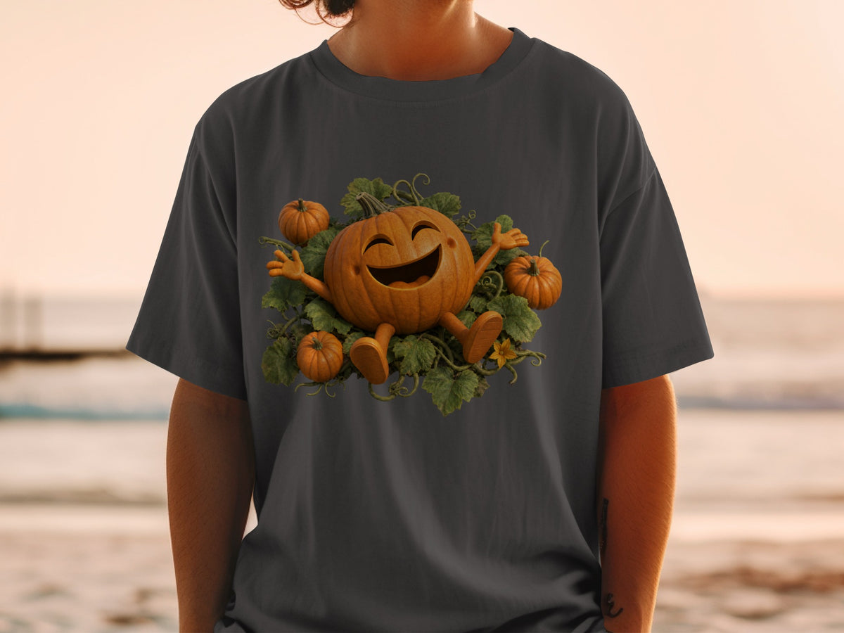 Smiling cartoon pumpkin with arms and legs sits among leaves and smaller pumpkins.