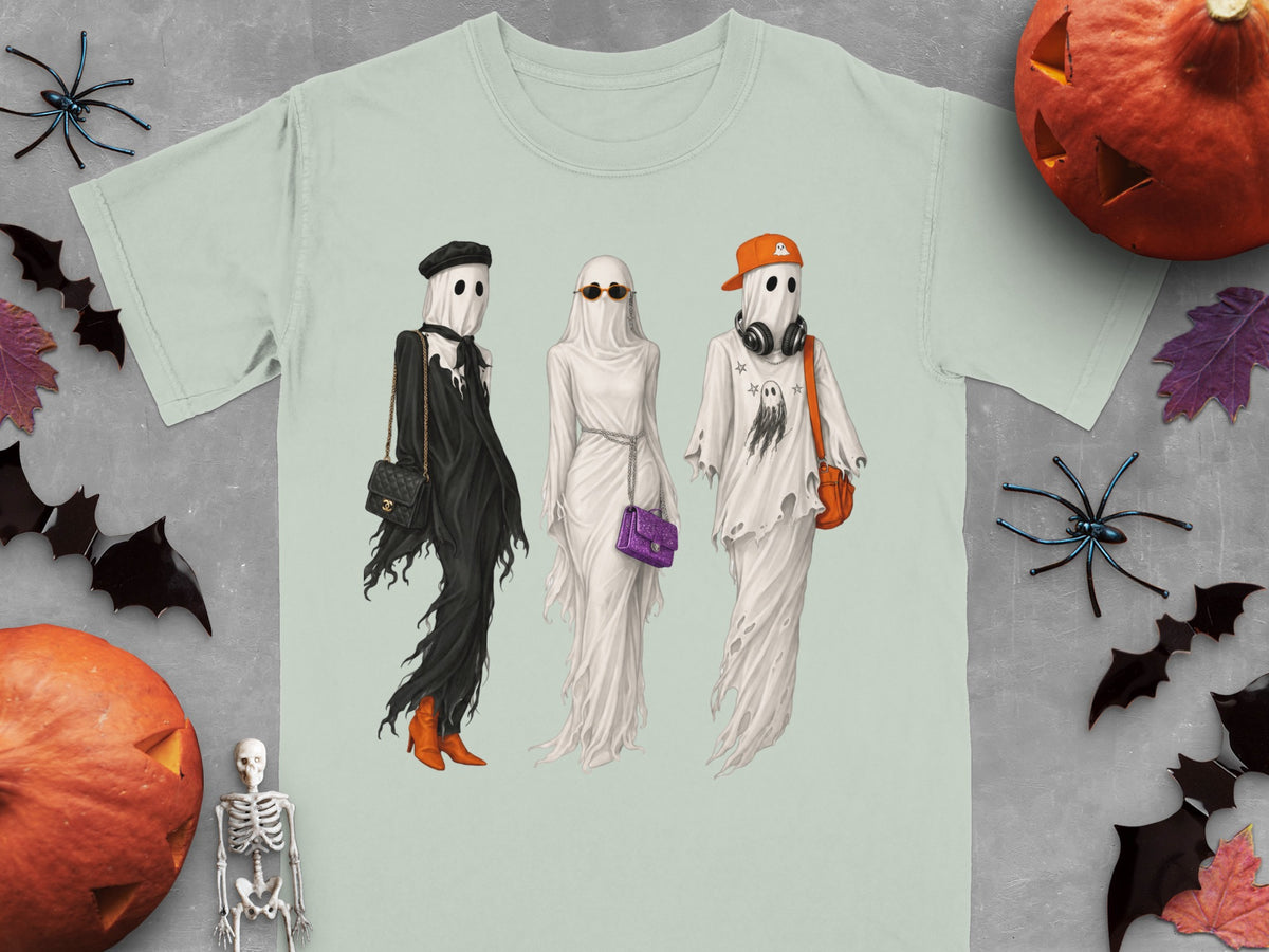 Three ghosts in Halloween fashion with bags and accessories.