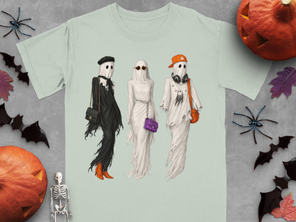 Three ghosts in Halloween fashion with bags and accessories.