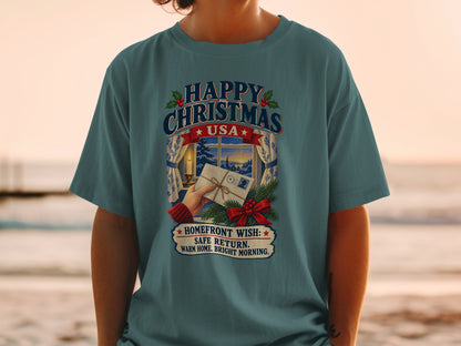T-shirt with "Happy Christmas USA" and a winter window scene.