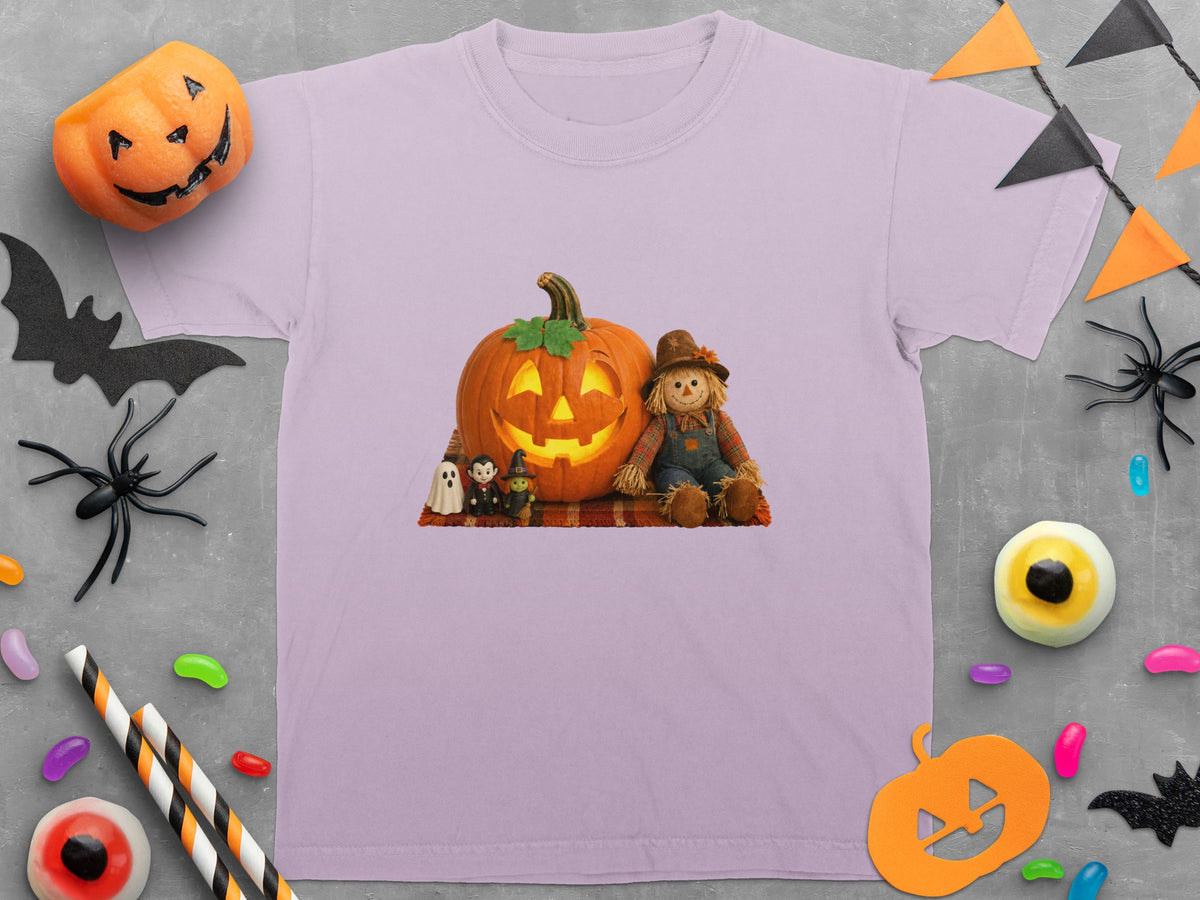 Halloween t-shirt featuring a glowing jack-o'-lantern, scarecrow, and small figures.