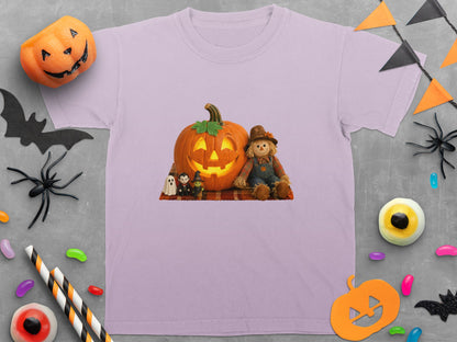 Halloween t-shirt featuring a glowing jack-o'-lantern, scarecrow, and small figures.